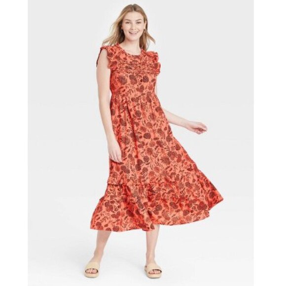 Universal Thread Floral Ruffled Flutter Sleeve Sleeveless A-Line Maxi Dress, M - Picture 1 of 12